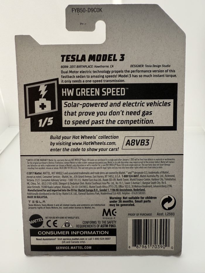 Hot Wheels Tesla Model 3 USA Long Card 2019 White 174/250 - Image 2
