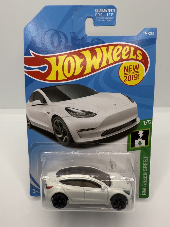 Hot Wheels Tesla Model 3 USA Long Card 2019 White 174/250