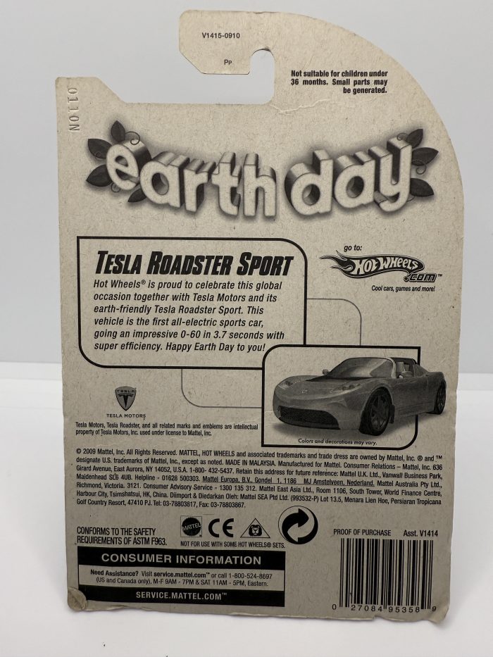 Hot Wheels Tesla Roadster Long Card 2009 Green Earth Day - Image 2