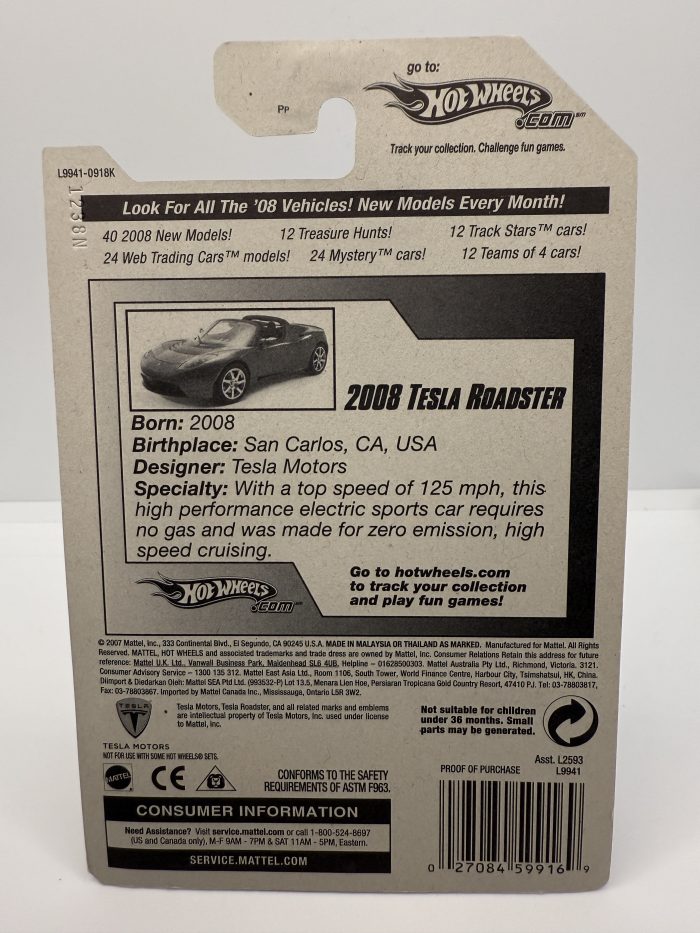 Hot Wheels Tesla Roadster Long Card 2008 Blue 26/40 - Image 2