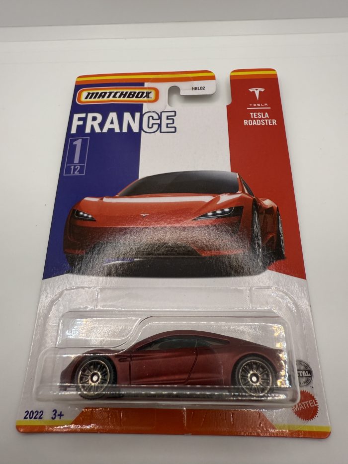 Matchbox Tesla Roadster Long Card 2022 Matte Red "France" - Image 3