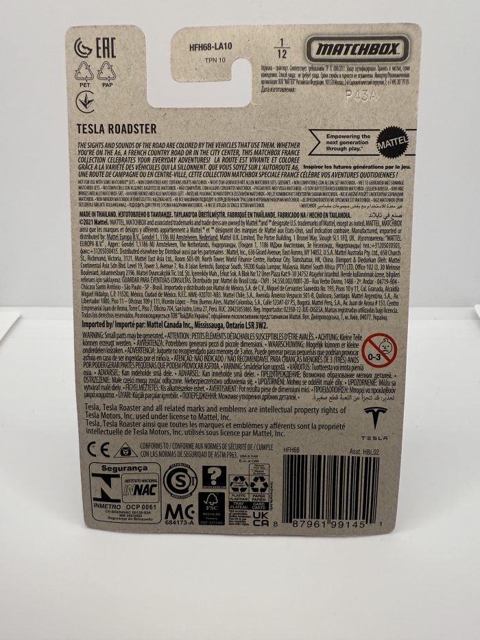Matchbox Tesla Roadster Long Card 2022 Matte Red "France" - Image 2