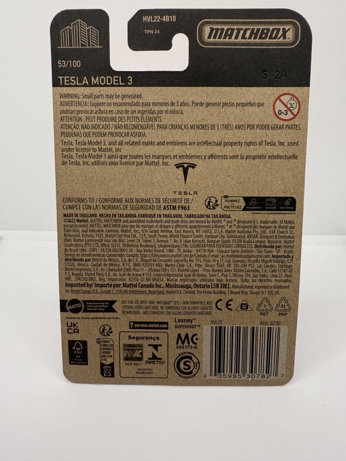 Matchbox Tesla Model 3 Long Card 2023 White 53/100 - Image 2